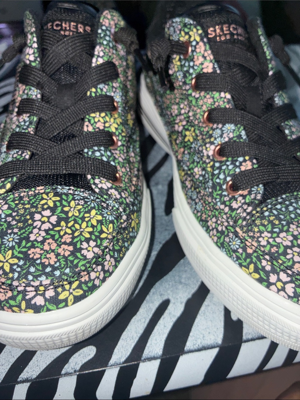 Skechers Women's Black Floral Print Lace-Up Sneakers